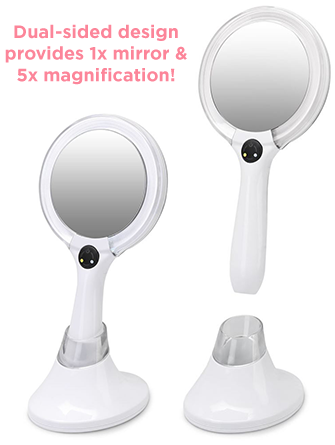 Dual-sided design provides 1x mirror & 5x magnifcation!
